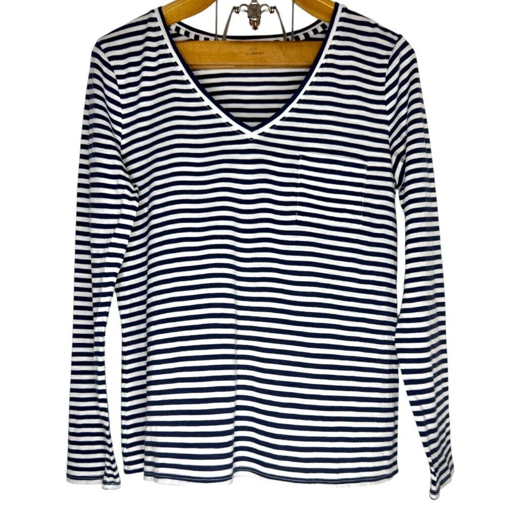 Garnet Hill 100% Organic Pima Cotton Striped Weekender V- Neck Long Sleeve Tee M